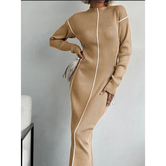 Commense Dresses & Skirts - Commense Ribbed Contrast Piping Sweater Dressin Khaki. Size S